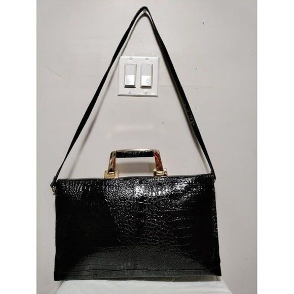 Vintage Sleek Stylish 80s Leather Detachable Strap Shoulder Hand Bag Black Brown - Picture 5 of 7